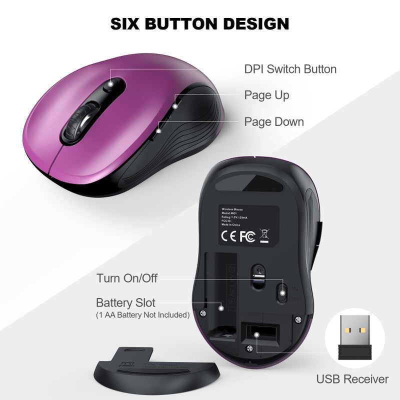 WisFox 2.4G Wireless Mouse for Laptop, Ergonomic Computer Mouse with USB Receiver and Type-C Adapter, 3 Adjustable Levels, 6 Button Cordless Wireless Mice for Windows Mac PC Notebook (Purple) - Image 5